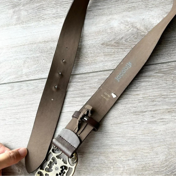 Vintage Jacob Jr Brown Leather  Rhinestones Floral Buckle Belt - Picture 7 of 14
